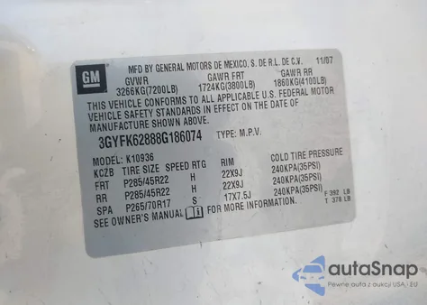 2007 Cadillac Escalade Esv Standard из США, поврежденный, VIN 1GYFK66837R350274